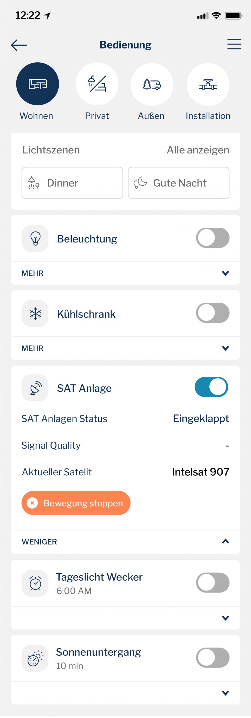 HYMER Connect App Screen Bedienung Sat Anlage